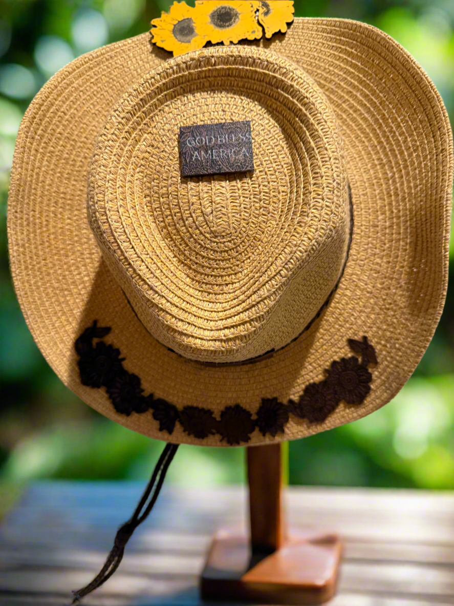 Crystal Coast Cowgirl hat, makes a great sun hat, brown leather sunflowers