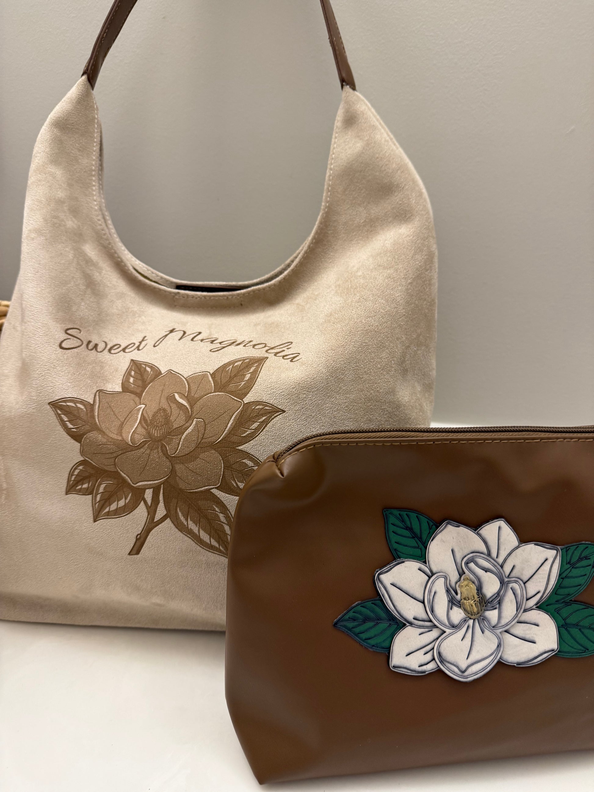 Sweet Magnolia designed by Beach Vibes NC/Crystal Coast Cowgirl     Set includes: large brim faux suede hat,          large handbag and large makeup bag.