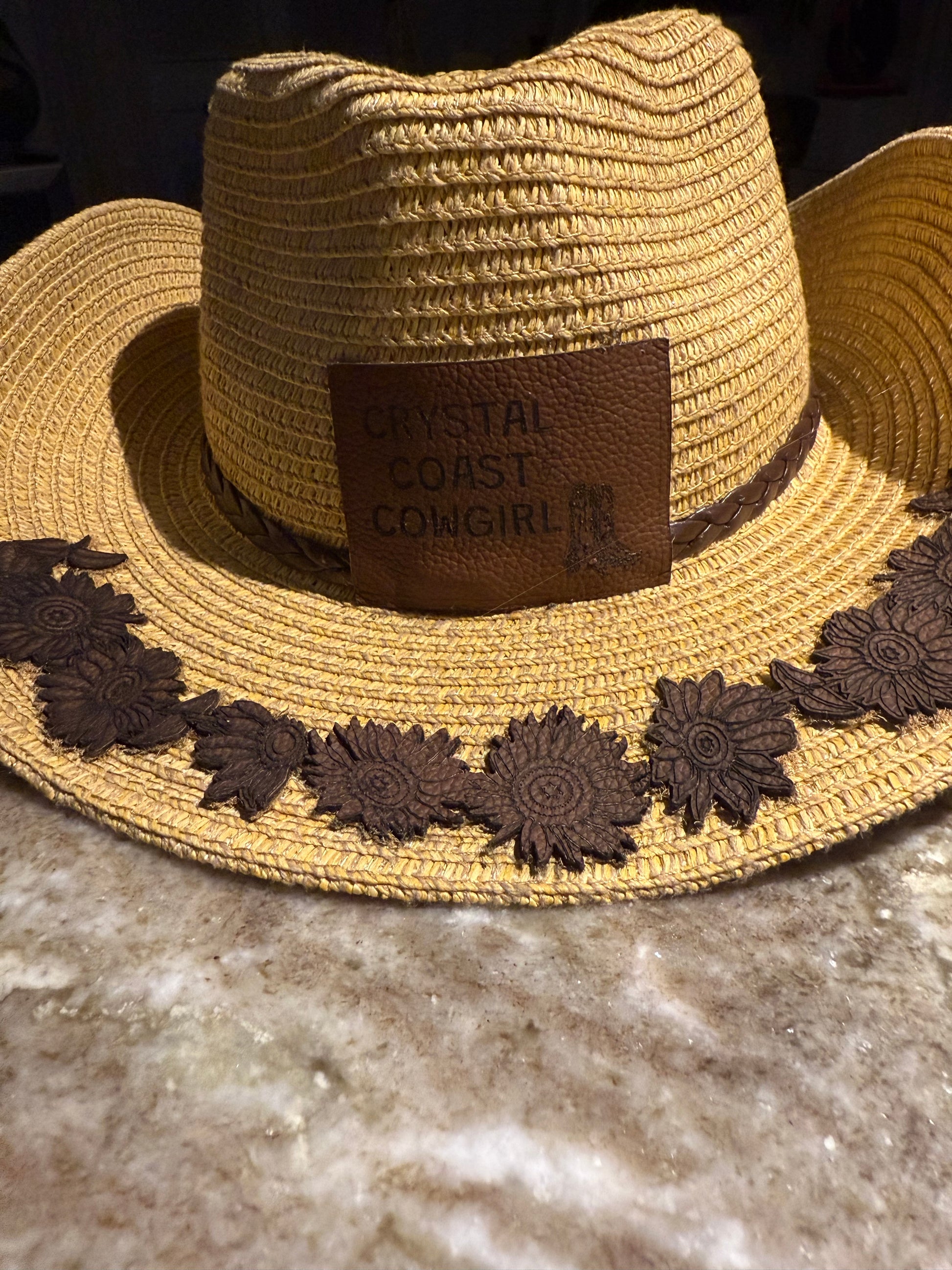 Crystal Coast Cowgirl hat, makes a great sun hat, brown leather sunflowers