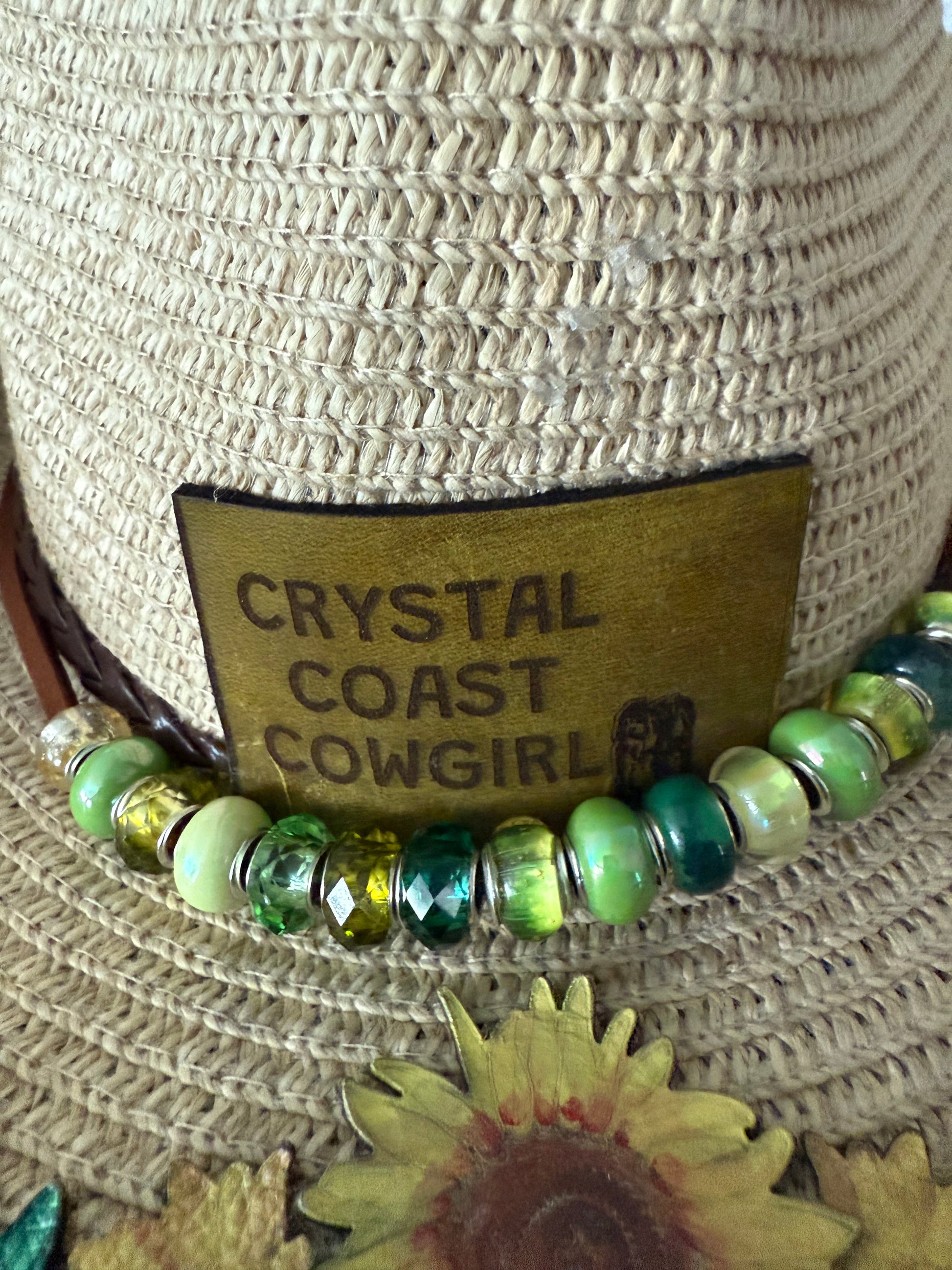 Crystal Coast Cowgirl Hat adult size, with leather sunflowers laser burned, hand painted, leather patch and beads