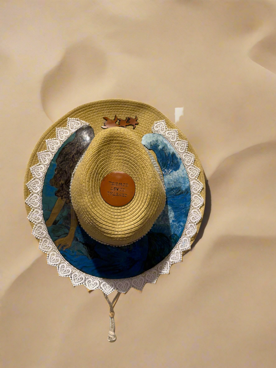 Crystal Coast Cowgirl Hat Mermaid With Sea Turtles laser burned and hand painted
