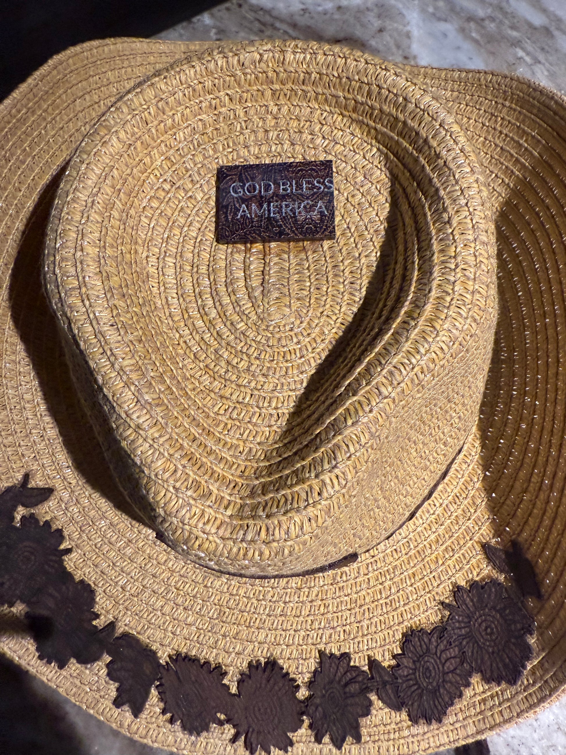 Crystal Coast Cowgirl hat, makes a great sun hat, brown leather sunflowers