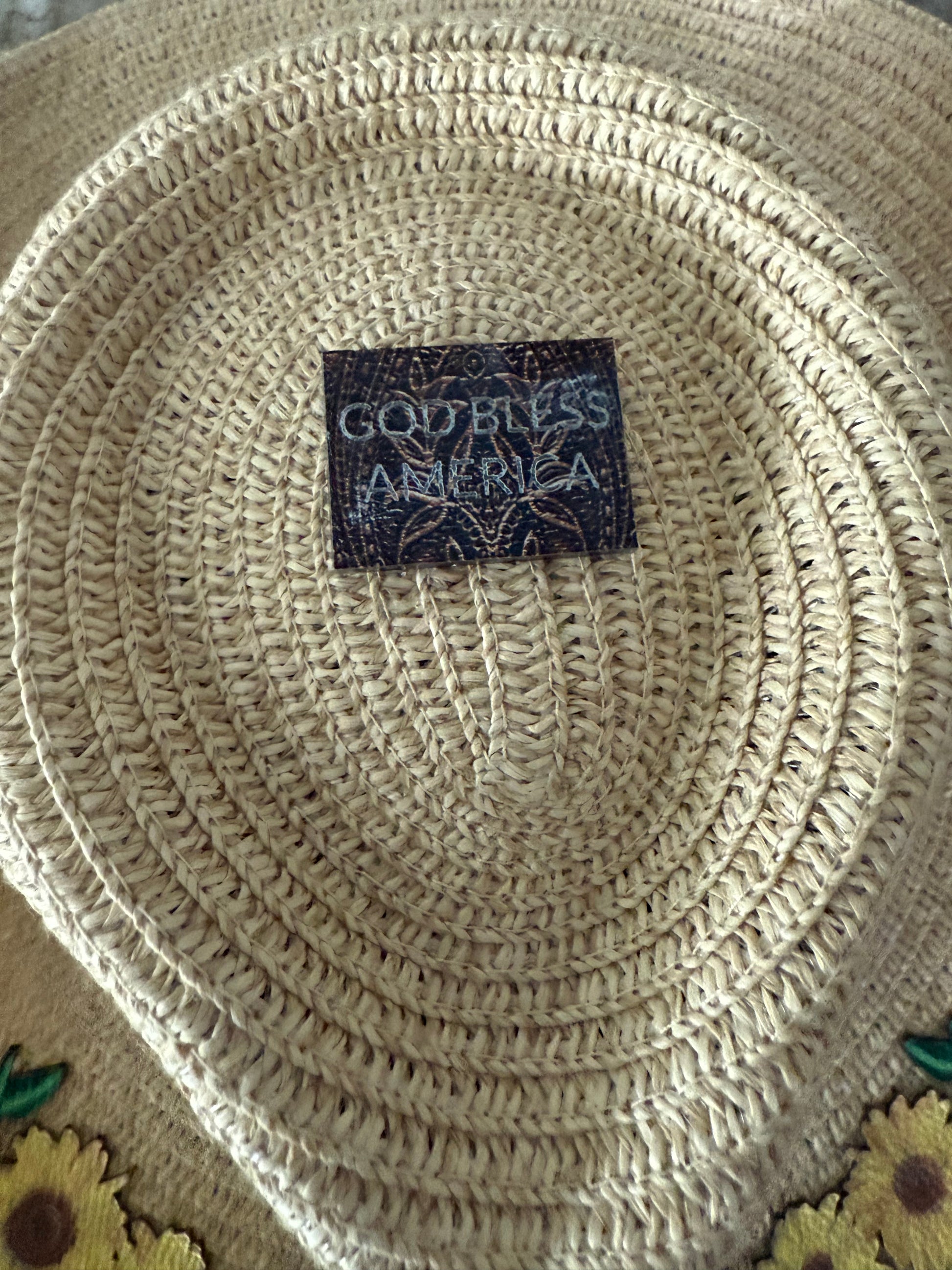 Crystal Coast Cowgirl Hat adult size, with leather sunflowers laser burned, hand painted, leather patch and beads