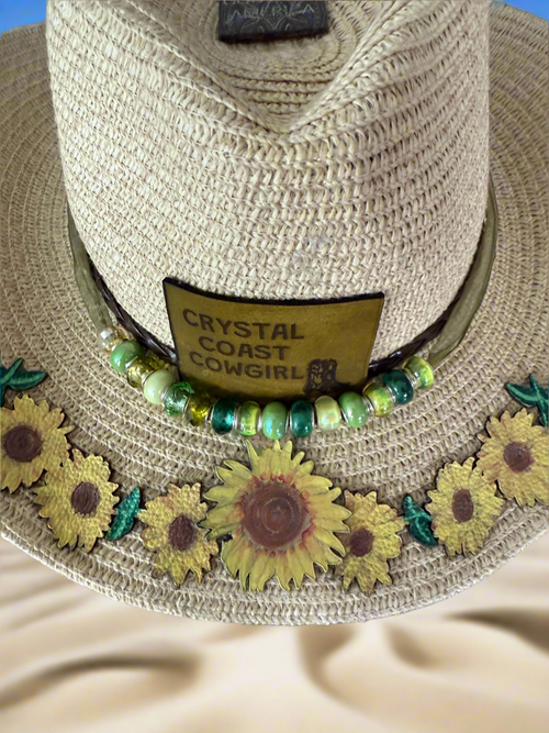 Crystal Coast Cowgirl Hat adult size, with leather sunflowers laser burned, hand painted, leather patch and beads