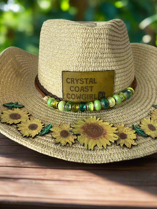 Crystal Coast Cowgirl Hat adult size, with leather sunflowers laser burned, hand painted, leather patch and beads