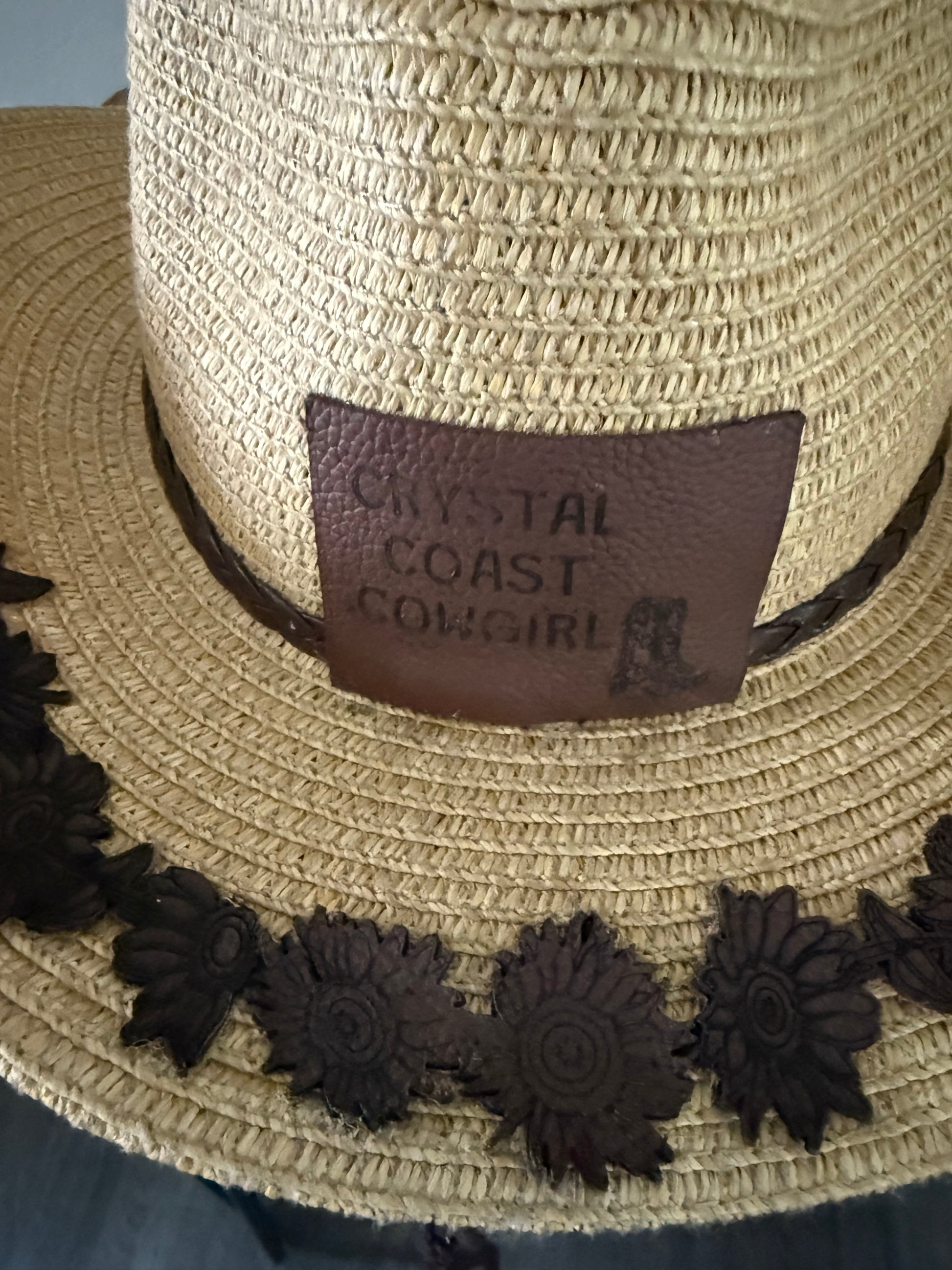 Crystal Coast Cowgirl hat, makes a great sun hat, brown leather sunflowers