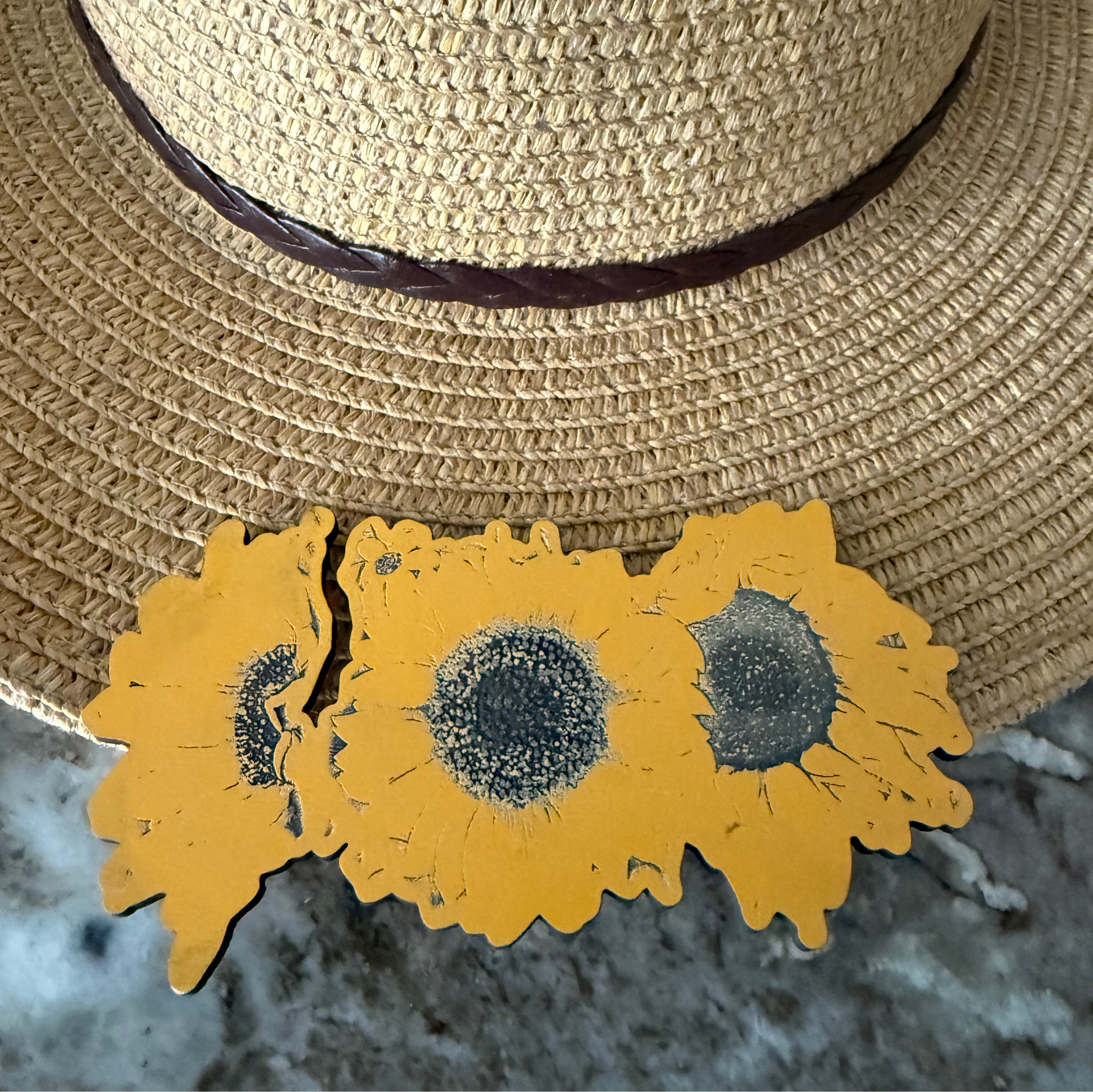 Crystal Coast Cowgirl hat, makes a great sun hat, brown leather sunflowers