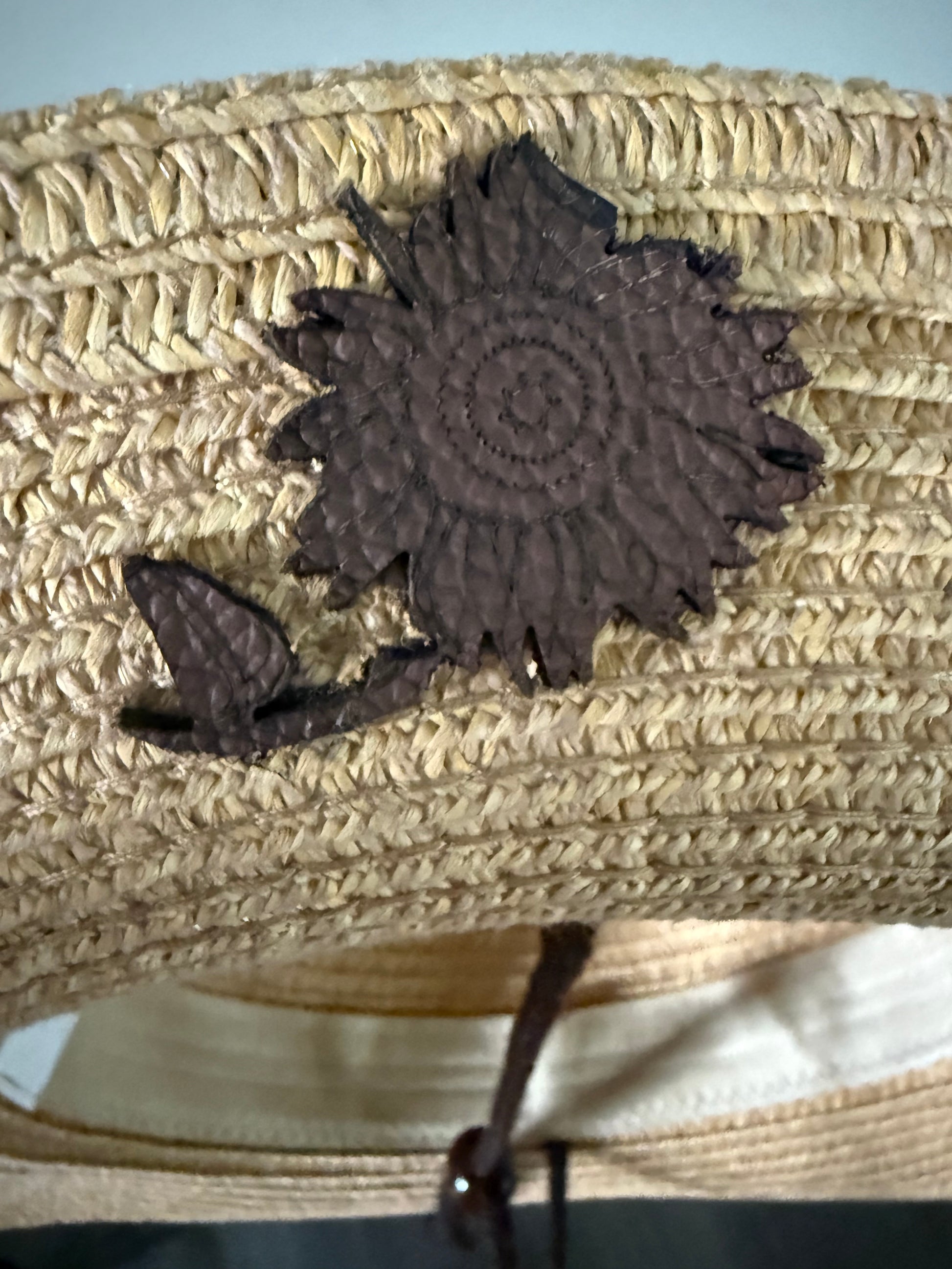 Crystal Coast Cowgirl hat, makes a great sun hat, brown leather sunflowers