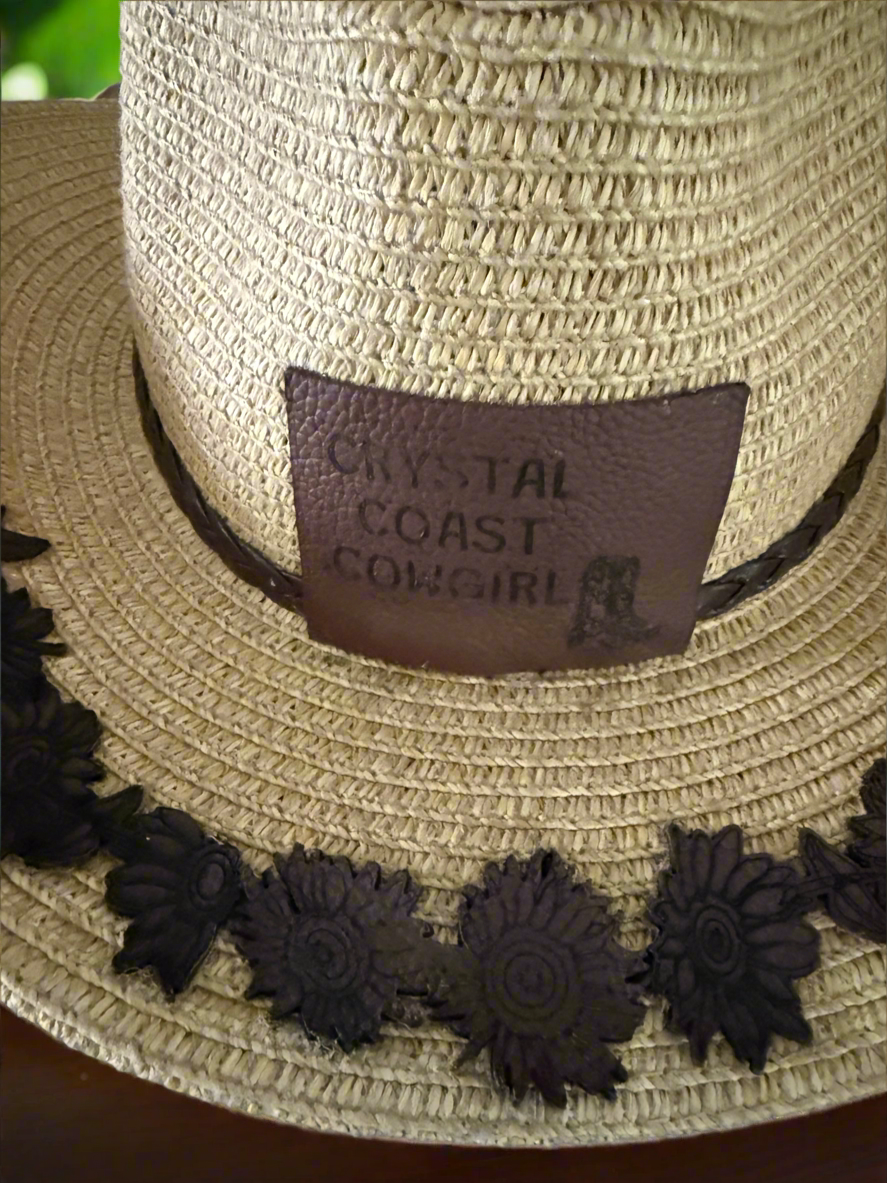 Crystal Coast Cowgirl hat, makes a great sun hat, brown leather sunflowers