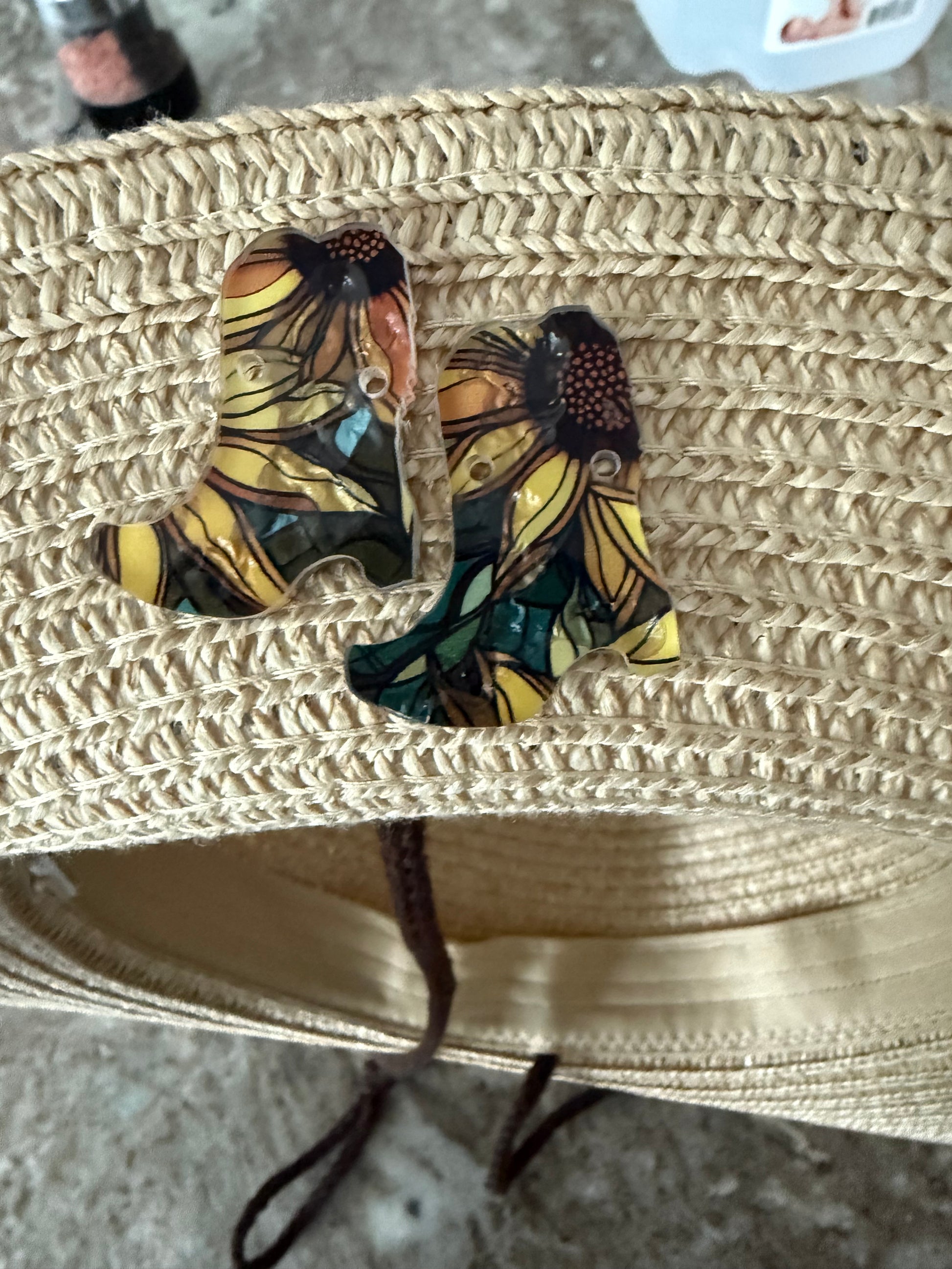 Crystal Coast Cowgirl Hat adult size, with leather sunflowers laser burned, hand painted, leather patch and beads