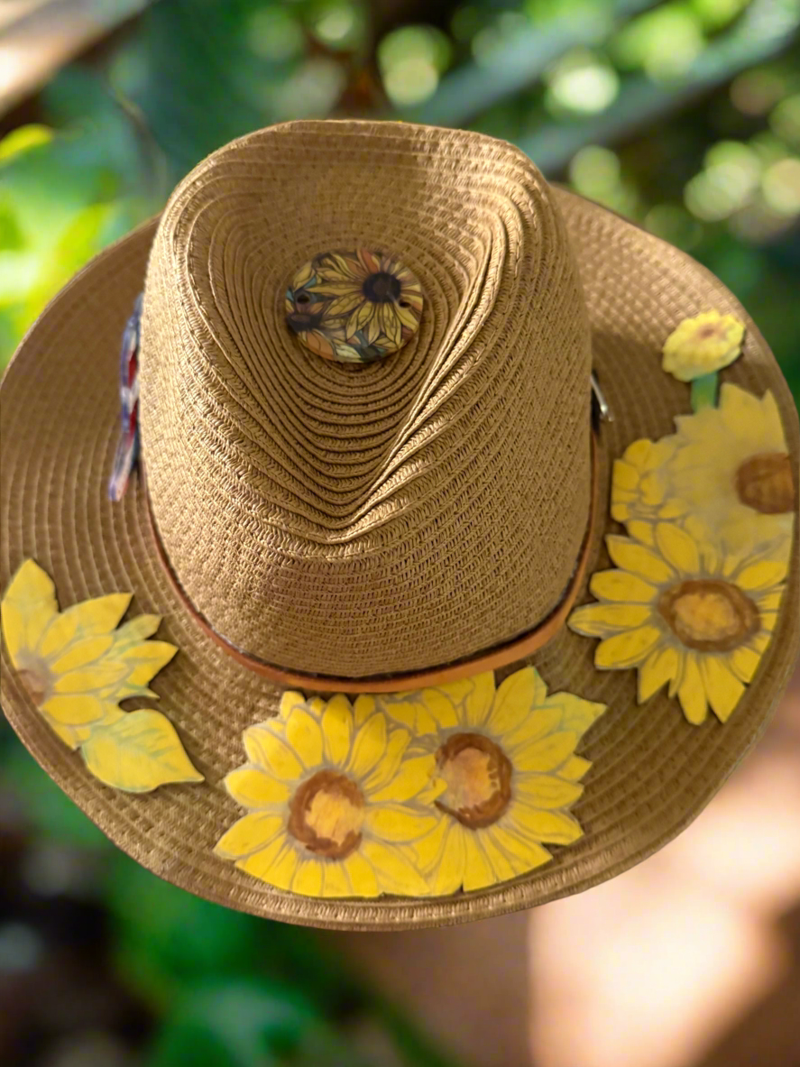 Crystal Coast Cowgirl Hat also great for gardening, with leathette sunflowers