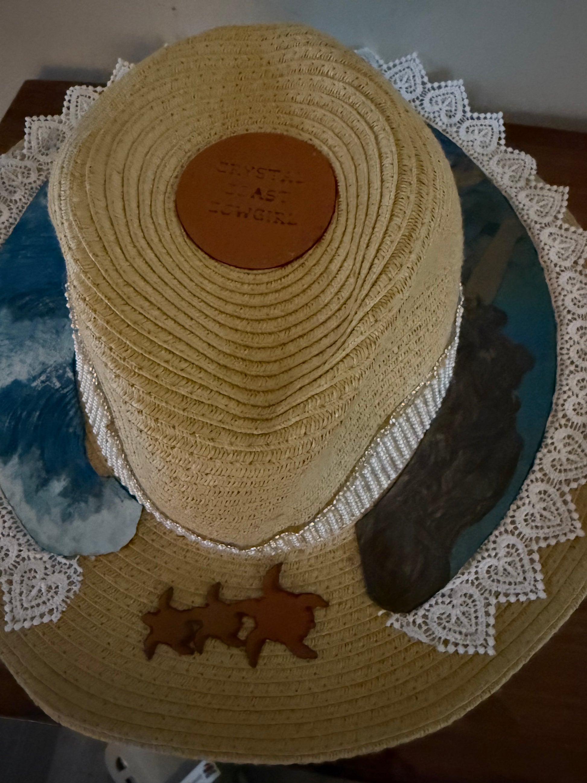 Crystal Coast Cowgirl Hat Mermaid With Sea Turtles laser burned and hand painted